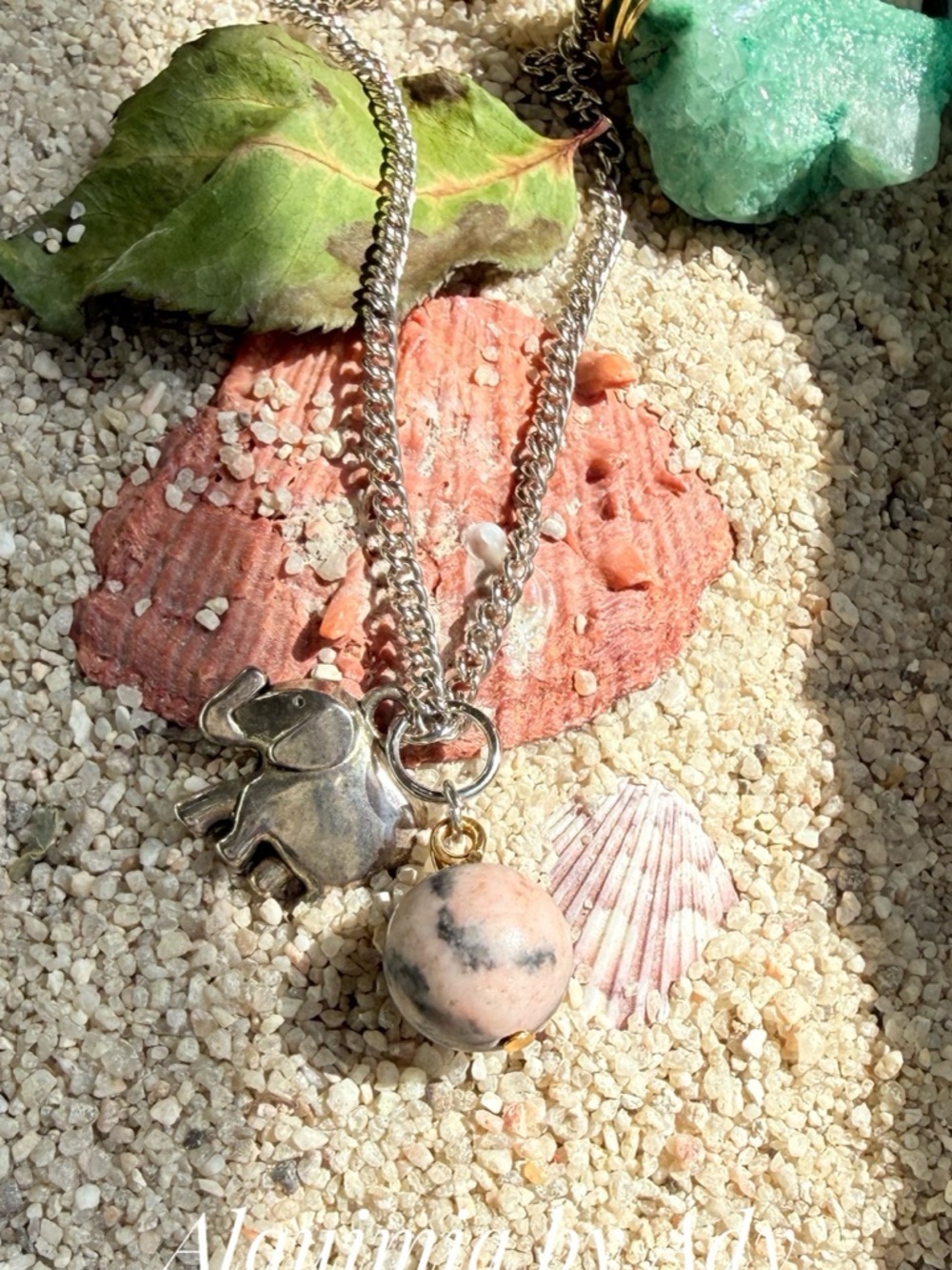 RHODONITE Silver Elephant Necklace with Pink and Gray Marble Charm